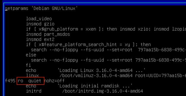 Находим строку linux и заменяем в ней ro на rw